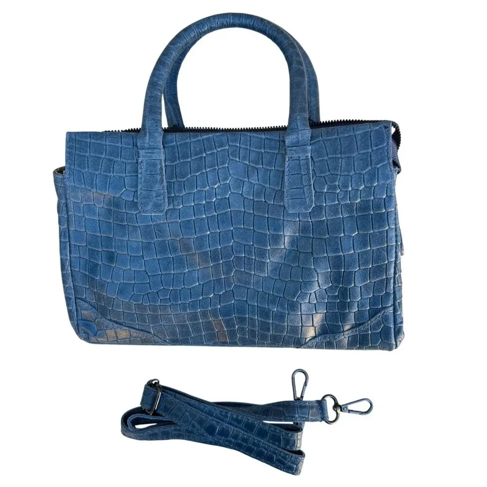 Borse in Pelle Italy Blue Croc Embossed‎ Genuine Leather Satchel Crossbody Bag